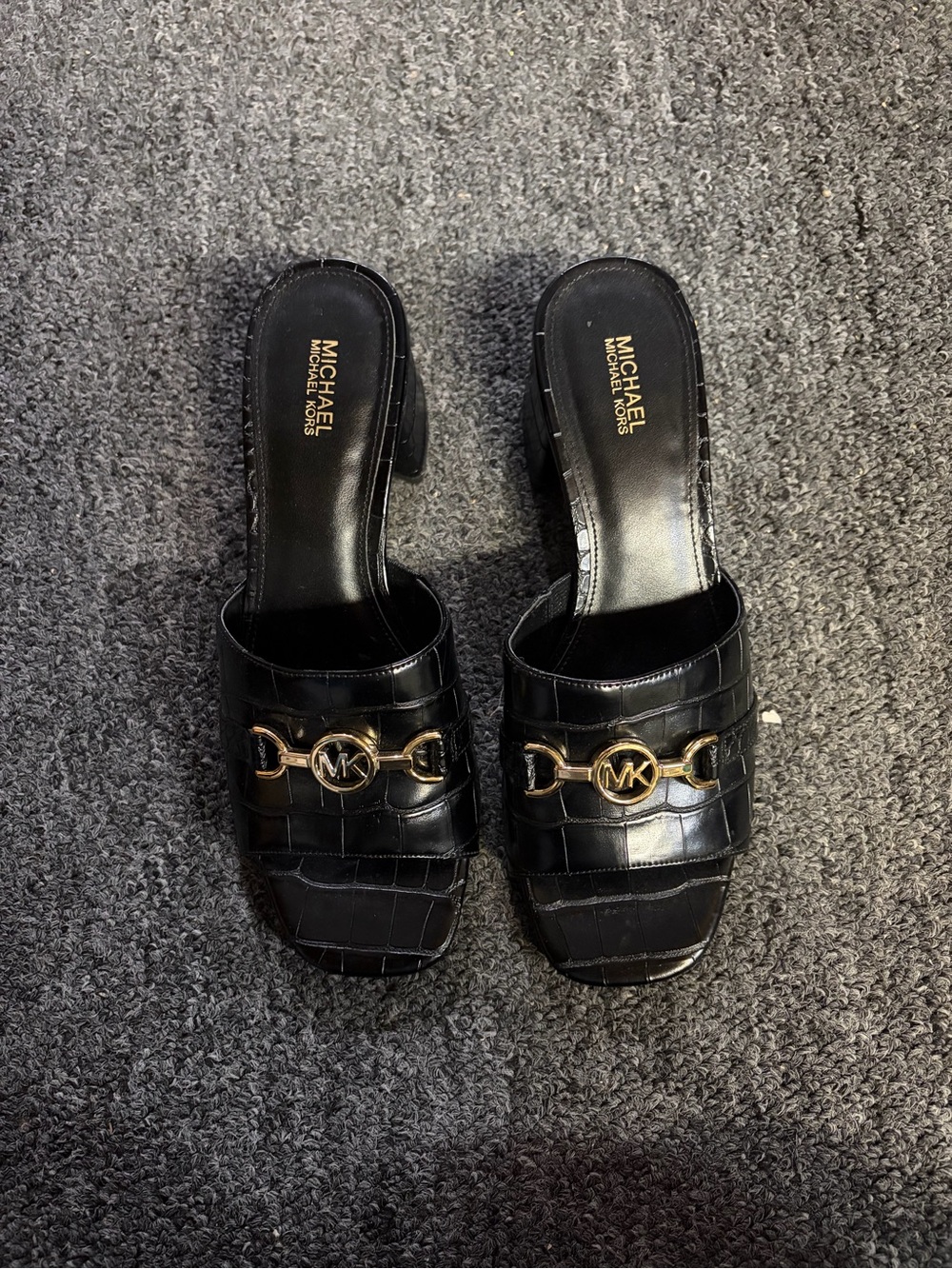 Michael Kors Black Croc-Embossed Slide Heels with Gold MK Accent